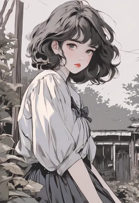 detailed rough drawn close up portrait of an anime girl wearing vintage in a village in rural america, Nagabe art style, overcast, cloudy, might rain, darker tones, drawn anime illustration, black and white color scheme for the dress, neo-american,  painte...