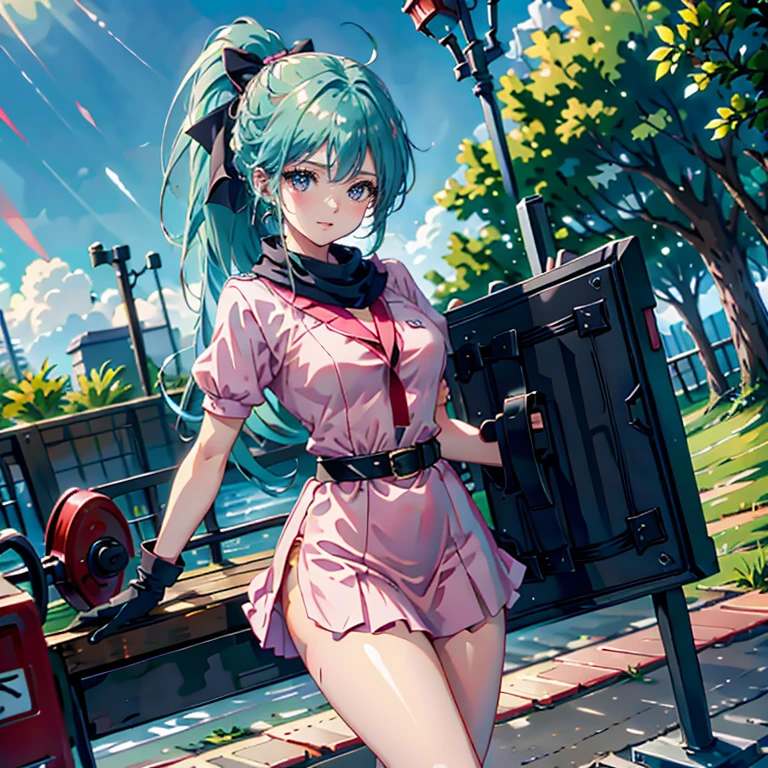 masterpiece, best quality, highres, dragon ball, blmpony, aqua hair, hair ribbon, braided ponytail, pink shirt, belt, scarf, pink skirt, clothes writing, brown gloves, medium breasts, outdoors, cowboy shot, waving, smile