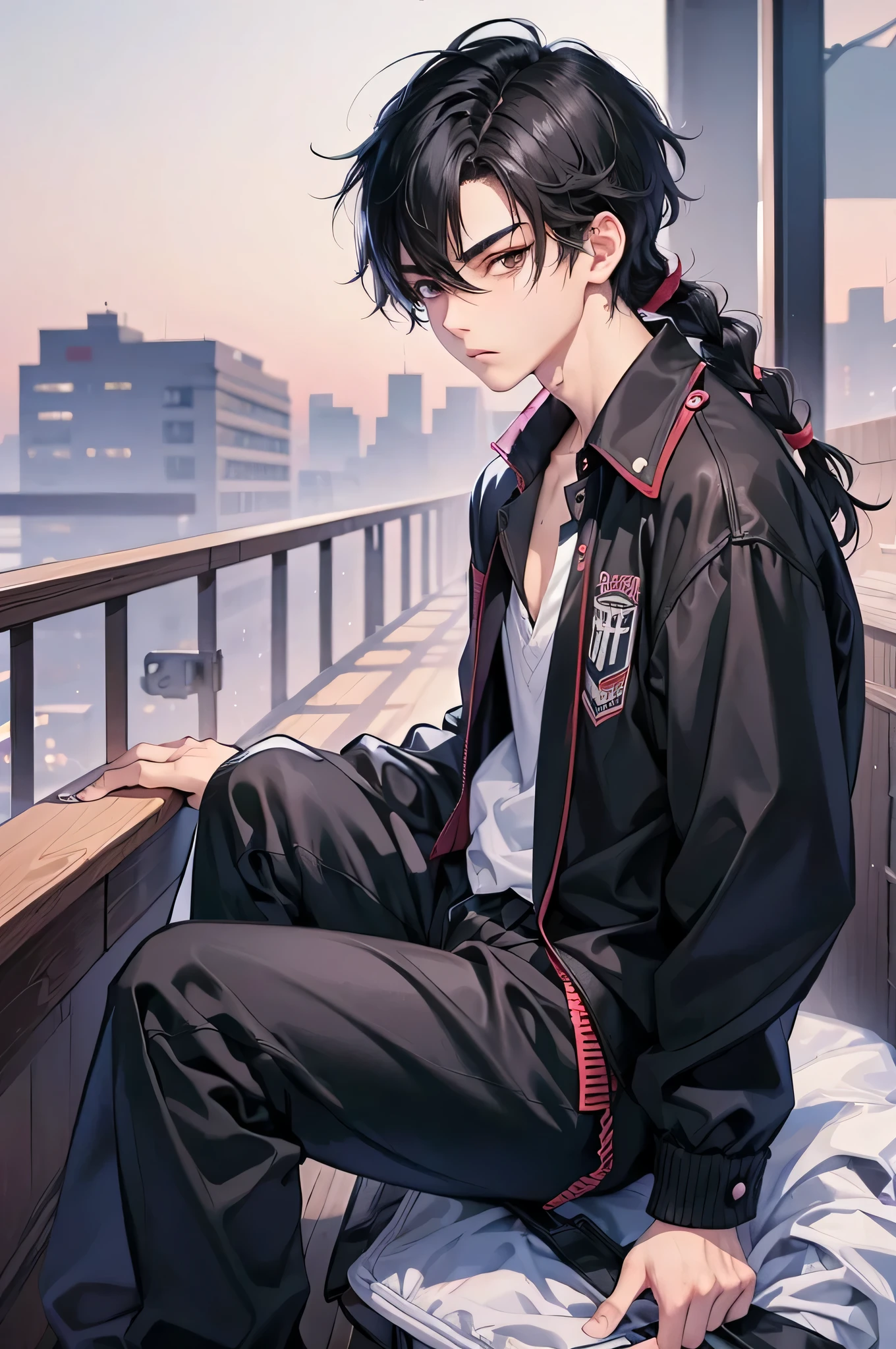 manga style, no color, stylized, 1 male, teenager, rebel, bully, high school student, messy black hair with one tiny frontal braid on the face, unbuttoned high school uniform, confident gaze, high school in the background (full body)