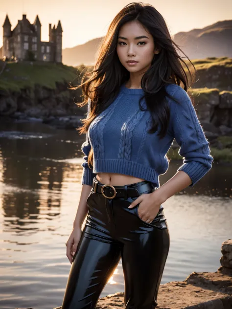 Foreground: a gorgeous asian woman, age 18, wet wavy hair in the wind. she's a men magazine model, She has a subtle smile and fl...