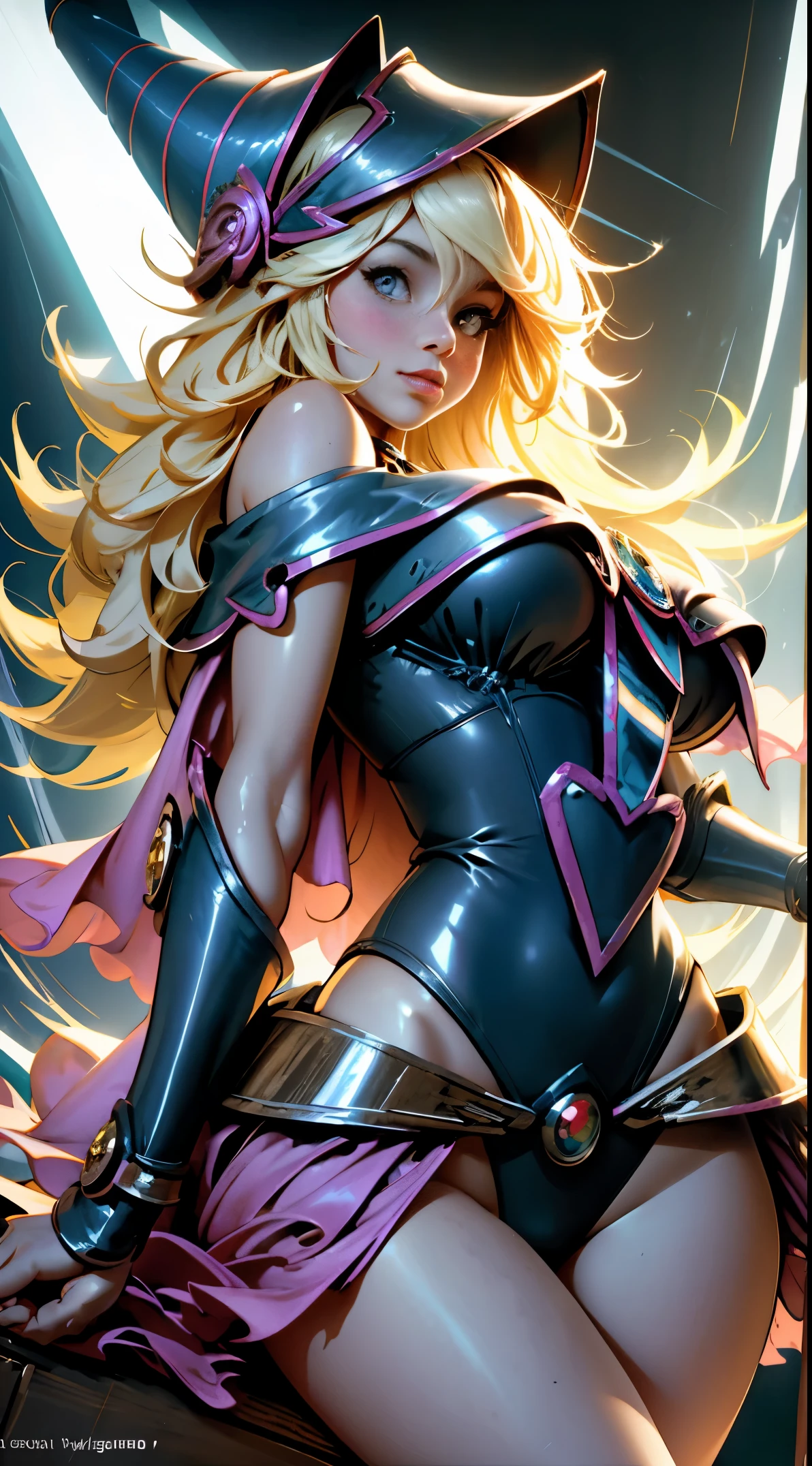 NSFW dark magician girl, glass cover, Upper part of the body, Side shot, Alternative color, masterpiece, detailed illustration, realist, Pixiv Top Quality, exquisite, {{{Cute 1dark magician girl}}}, Super beauty merging with the machine, Elaborate shabby chic pattern, Beautiful and bright woman, Half of my body is made of machine, Transparent glass body, The machine inside is transparent, cinematic lighting, Dynamic Angle, dynamic  pose, Crystal World, depth of field. Magic macaw at the bottom. Magical hearts