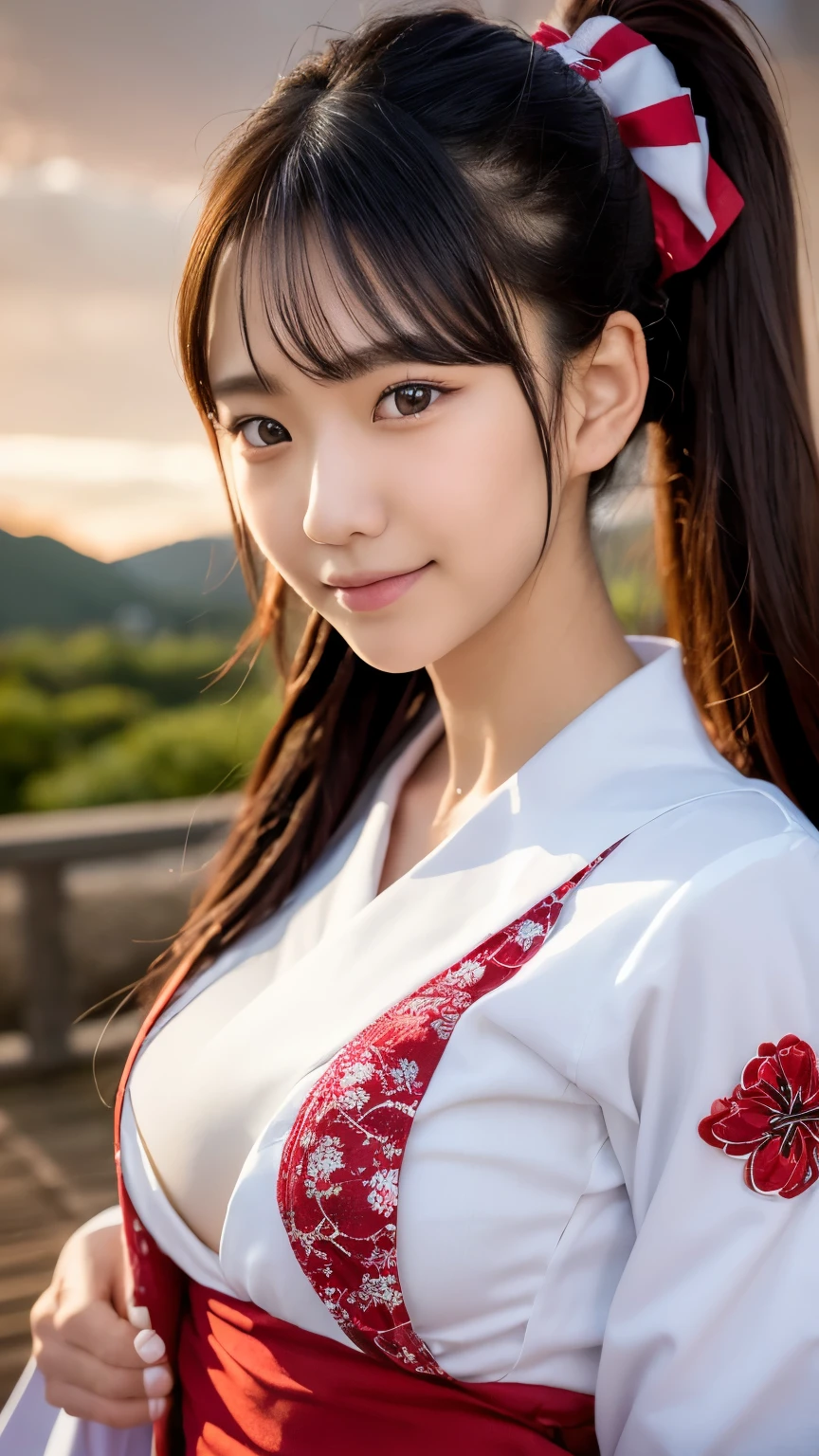 beautiful young woman. with black eyes、Features smooth black hair that reaches to the shoulders. hair is in a ponytail, Tie the top with a small red ribbon. He has a kind expression and a warm smile.. Make your eyes and expression cool. The eyes are dangling eyes. She is dressed in a traditional Japanese kimono featuring a red and white color scheme. big breasts. big breasts.The background image is a Japanese landscape with a shrine.. new year.New Year. The background image is a Chinese landscape with a shrine.