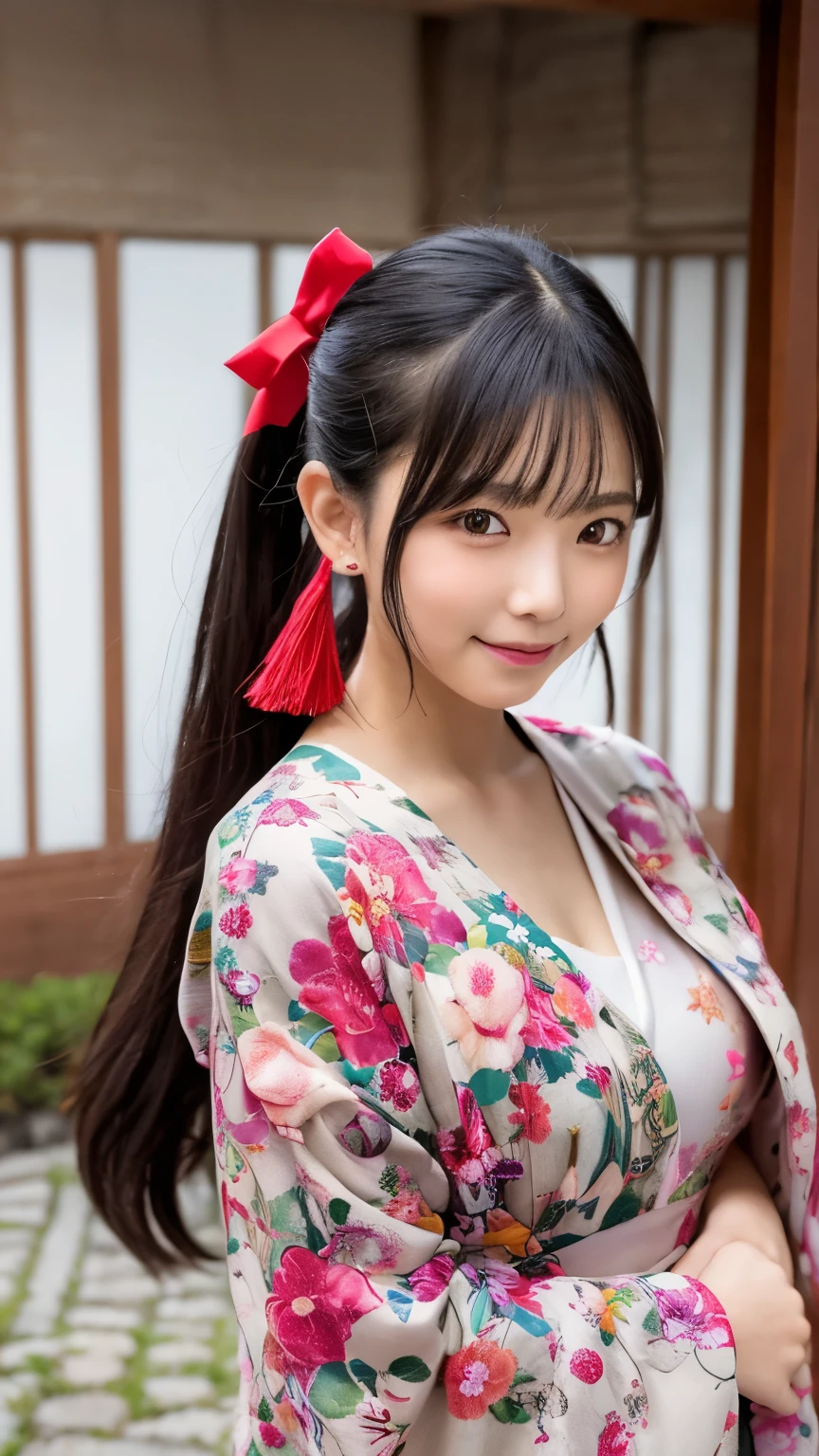 beautiful young woman. with black eyes、Features smooth black hair that reaches to the shoulders. hair is in a ponytail, Tie the top with a small red ribbon. He has a kind expression and a warm smile.. Make your eyes and expression cool. The eyes are dangling eyes. She is dressed in a traditional Japanese kimono featuring a red and white color scheme. small breasts. The background image is a Japanese landscape with a shrine.. new year.New Year. The background image is a Chinese landscape with a shrine.