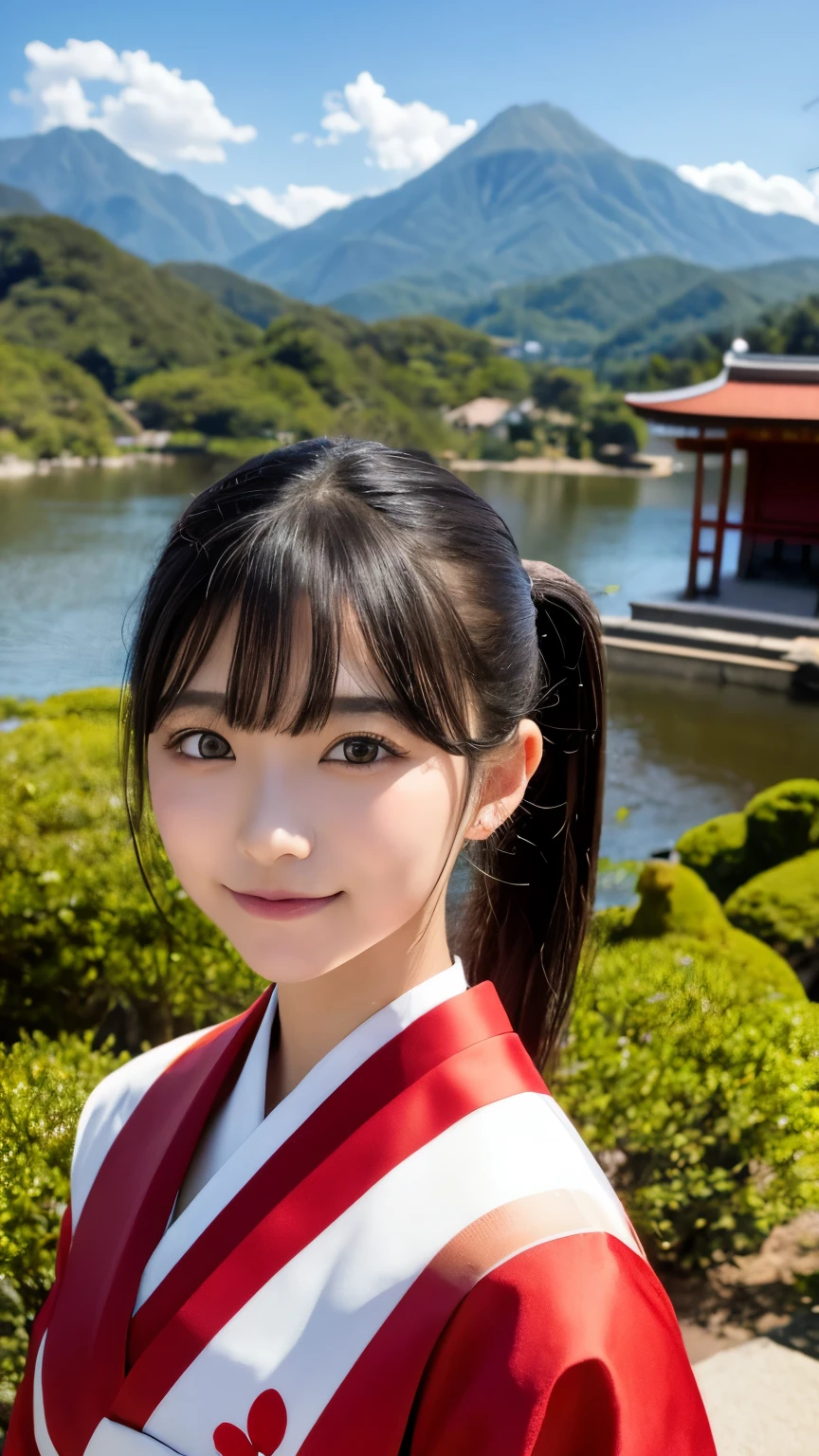 beautiful young woman. with black eyes、Features smooth black hair that reaches to the shoulders. hair is in a ponytail, Tie the top with a small red ribbon. He has a kind expression and a warm smile.. Make your eyes and expression cool. The eyes are dangling eyes. She is dressed in a traditional Japanese kimono featuring a red and white color scheme. small breasts. The background image is a Japanese landscape with a shrine.. new year.New Year. The background image is a Chinese landscape with a shrine.