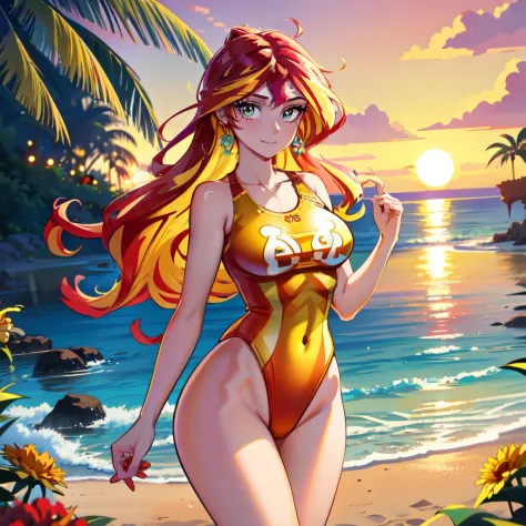 sunset shimmer, sunset shimmer from my little pony, sunset shimmer in the form of a young woman, big breasts, lush breasts, two tones of hair, red and yellow hair, in the beach, red and yellow flowers, solo, one character, ((red and yellow one piece swimsu...