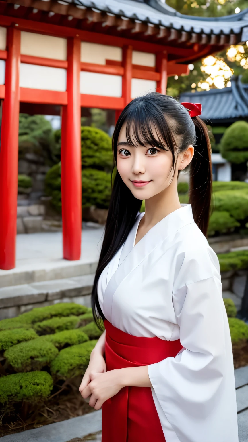 beautiful young woman. with black eyes、Features smooth black hair that reaches to the shoulders. hair is in a ponytail, Tie the top with a small red ribbon. He has a kind expression and a warm smile.. Make your eyes and expression cool. The eyes are dangling eyes. She is dressed in a traditional Japanese kimono featuring a red and white color scheme. small breasts. The background image is a Japanese landscape with a shrine.. new year.New Year. The background image is a Chinese landscape with a shrine.