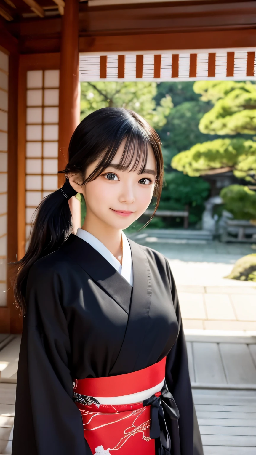 beautiful young woman. with black eyes、Features smooth black hair that reaches to the shoulders. hair is in a ponytail, Tie the top with a small red ribbon. He has a kind expression and a warm smile.. Make your eyes and expression cool. The eyes are dangling eyes. She is dressed in a traditional Japanese kimono featuring a red and white color scheme. small breasts. The background image is a Japanese landscape with a shrine.. new year.New Year. The background image is a Chinese landscape with a shrine.