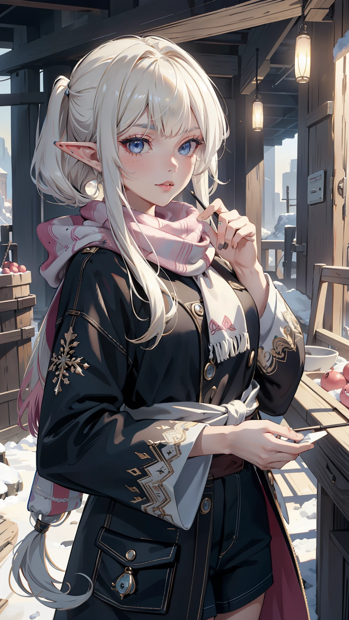 ((masterpiece )), (top quality), (best quality), ((ultra-detailed, 8k quality)), Aesthetics, Cinematic lighting, (detailed line art), 
BREAK, 
highly detailed of (elf), (1girl), perfect face, details eye, double pigtails hair, Blunt bangs, (hair between eye), blonde white hair, blue eyes, eyelashes, eyeshadow, pink eyeshadow, light smile, design art by Artgerm, by Kawacy, By Yoshitaka Amano,
BREAK,
(scarf), coat, jumper, sweater, cables, cables composition, fishermans rib, woolen material, open coat, cowboy shot, dynamic angle, looking at viewer, showing her hand out, (morning sun background, (Winter Creek background)), amano yoshitaka, 
BREAK, 
((perfect anatomy)), nice body, medium breast, extremely detailed finger, best hands, perfect face, beautiful face, beautiful eyes, perfect eyes, perfect fingers, correct anatomy, 