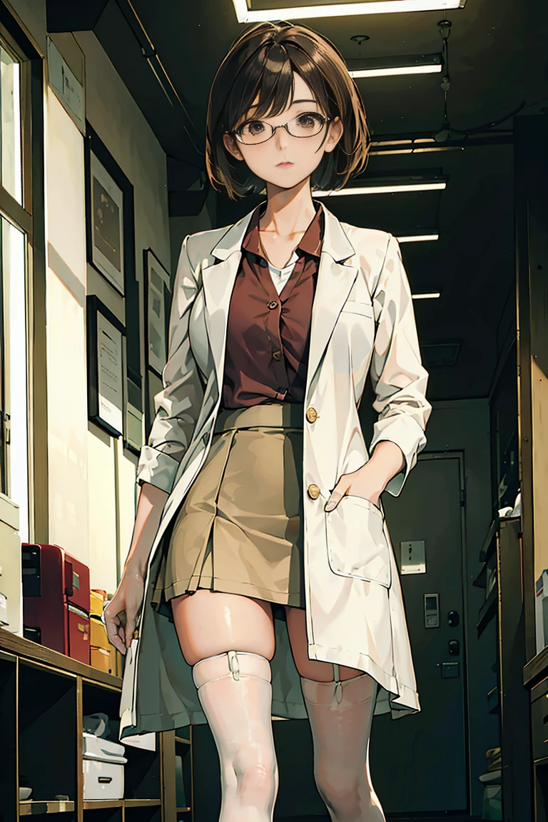 (Masterpiece, best quality), one Asian woman, 28 years old, ((unkempt brown hair)), ((honey eyes)), ((white lab coat)), ((blouse)), ((miniskirt)), ((stockings)), glasses, standing, facility background