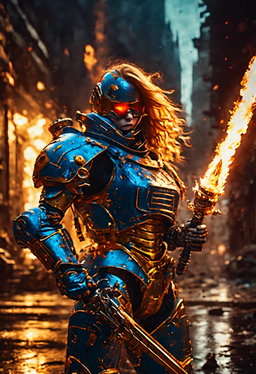 Warhammer Universe 40K，Girl in knight&#39;s armor，Blue and Gold Armor Mechanical Suit，shiny red sunglasses，Tense, war-like situation，holding a flaming sword，Destroyed buildings and flames，The background is a futuristic cityscape.，harsh and threatening atmosphere，Sci-fi cyberpunk aesthetic，High contrast and desaturated tones，Dramatic and dynamic quality of lighting effect,4K,(A high resolution,masterpiece:1.2),ultra detailed,(realistic,photorealistic,photo-realistic:1.37)