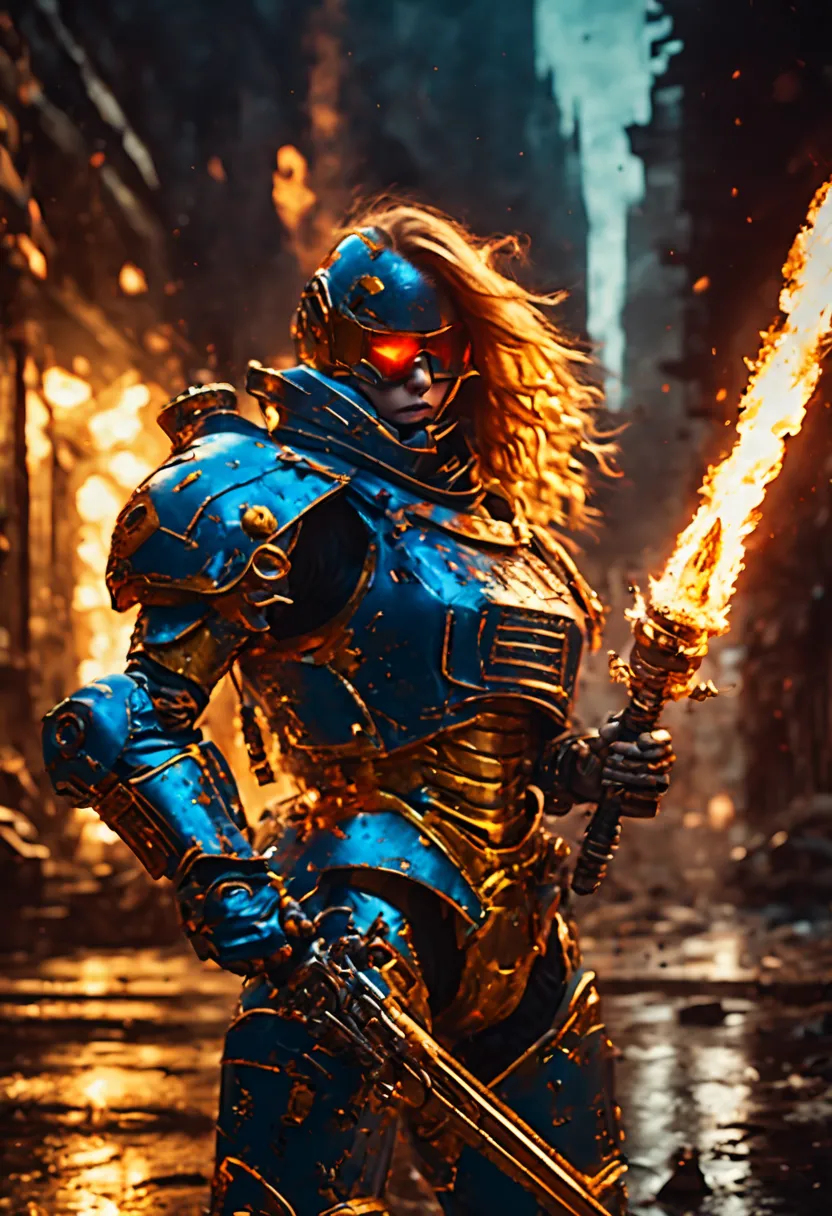 Warhammer Universe 40K，Girl in knight&#39;s armor，Blue and Gold Armor Mechanical Suit，shiny red sunglasses，Tense, war-like situa...