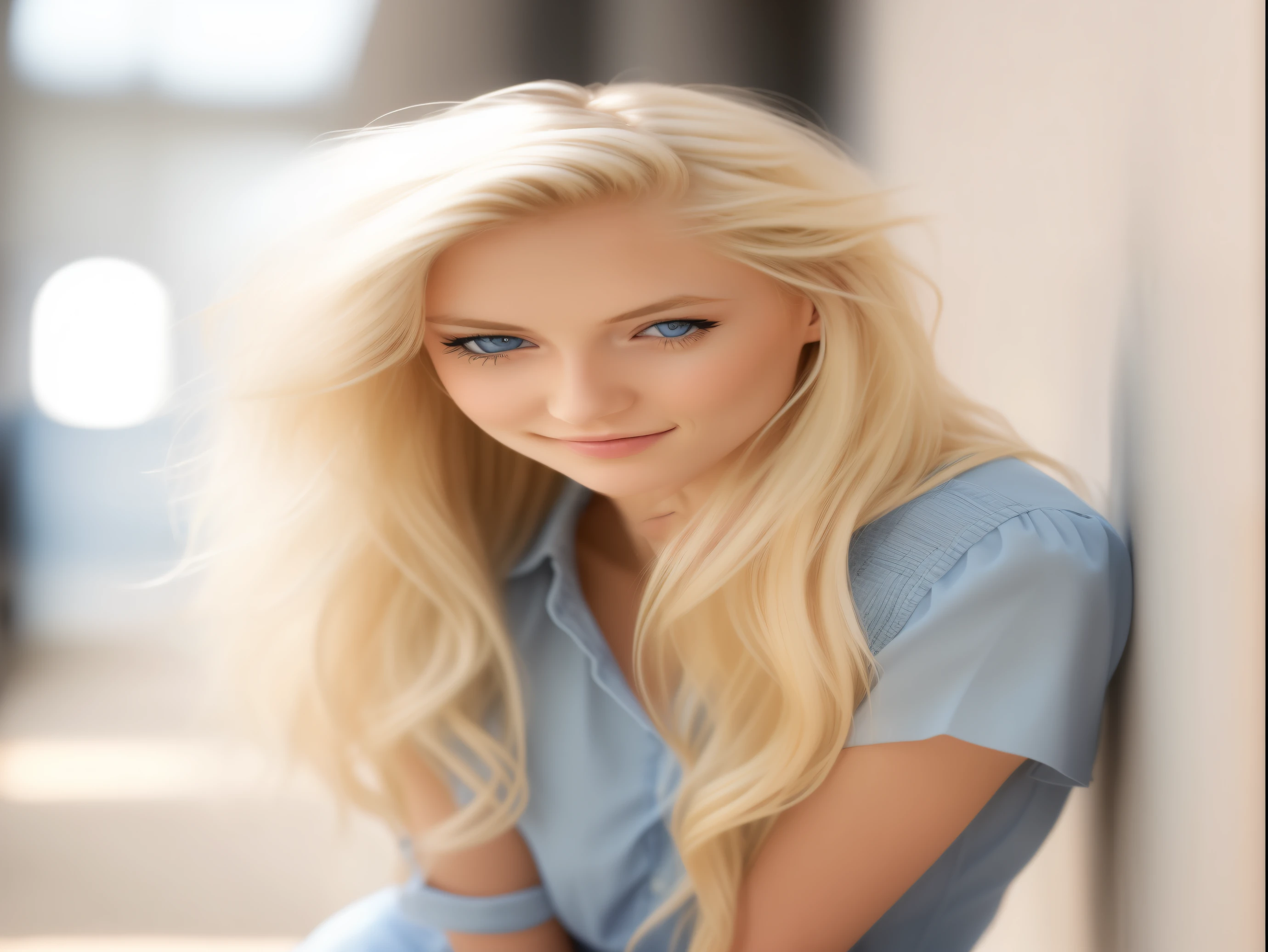 Blonde woman with blue eyes posing for a picture in a blue dress - SeaArt AI