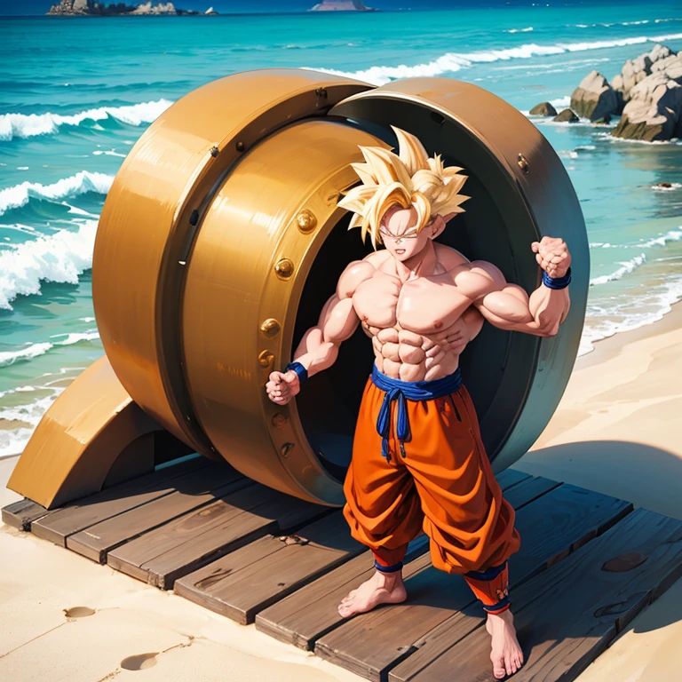 (Eine detaillierte Zeichnung von Son Goku, bodybuilding gym on the Beach.), shirtless, barefoot