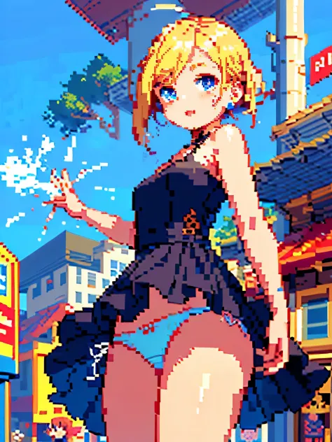 (((pixel art, chibi-style, stylized game character, fewer wrinkles, simplified contours))), (drooping eyes, realistic skin), (((show off her panties with energy and freshness))), well-being, summer sky, buildings,