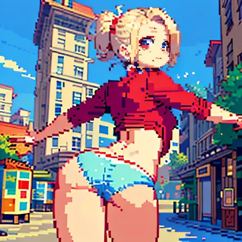 (((pixel art, chibi-style, stylized game character, fewer wrinkles, simplified contours))), (drooping eyes, realistic skin), (((show off her panties with energy and freshness))), well-being, summer sky, buildings,