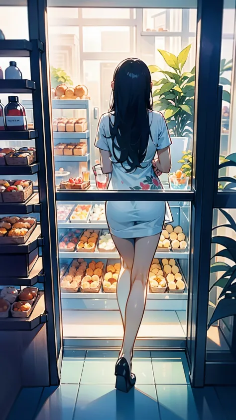 (best quality,ultra-detailed,realistic),glass door,food store,beautiful girl leaning her sexy back on the transparent glass,shop...