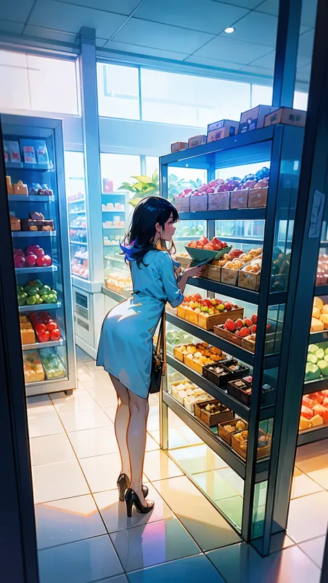 (best quality,ultra-detailed,realistic),glass door,food store,beautiful girl leaning her sexy back on the transparent glass,shop...