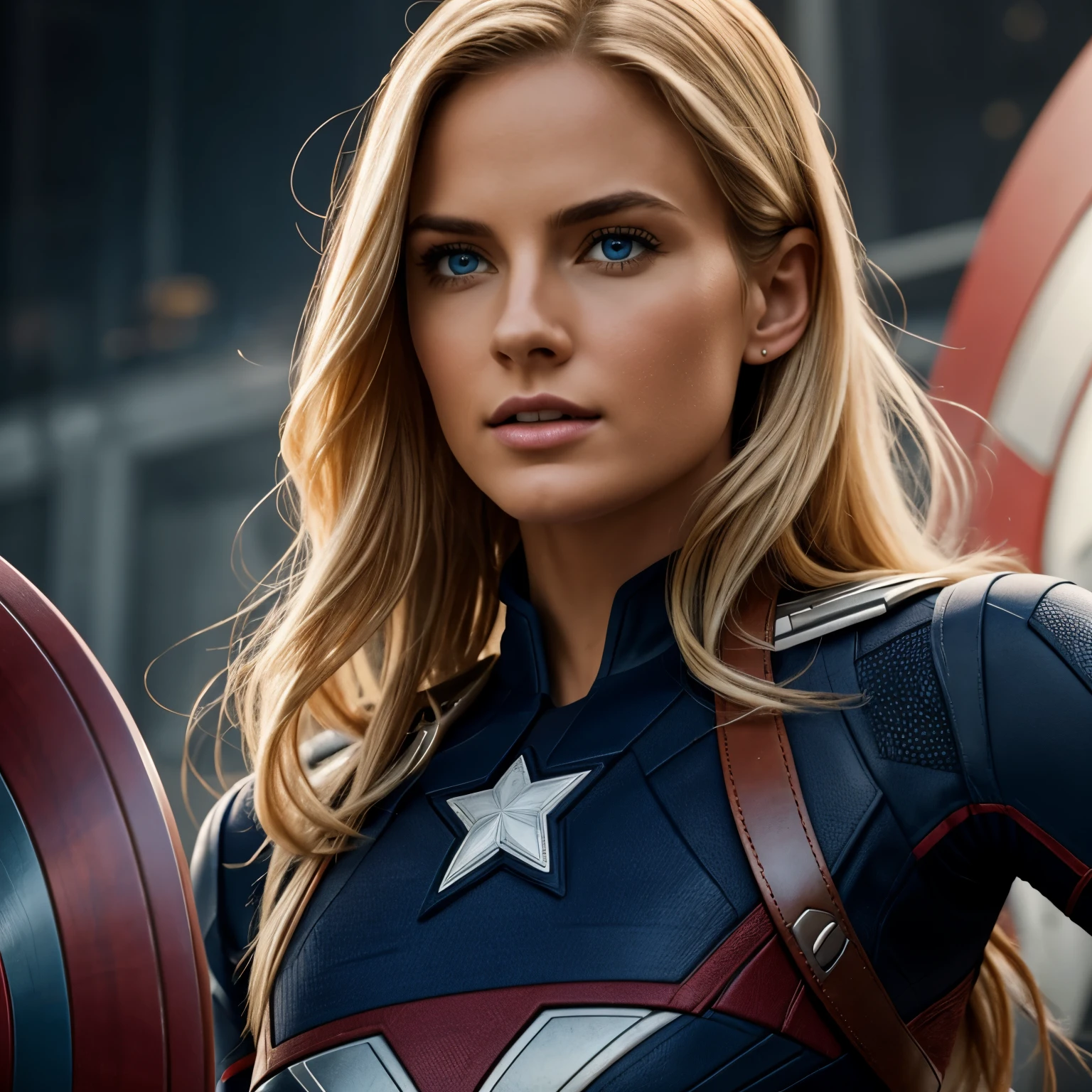 Réaliste, Haute qualité, 8k, Créez une image avec une qualité et une résolution d&#39;image avancées, avec une représentation très détaillée d&#39;une belle femme portant une tenue de Captain America. longs cheveux blonds, corps parfait, visage parfait, yeux bleus brillants, Positionnez-la au centre de la composition, Face au spectateur, assis dans une voiture de sport Corvette C8 rose vibrante, Assurer la représentation des subtilités du costume, capturer des textures et des caractéristiques uniques.  Cette image est destinée à transmettre une scène puissante et visuellement attrayante, combinant la force de la tenue féminine de Captain America