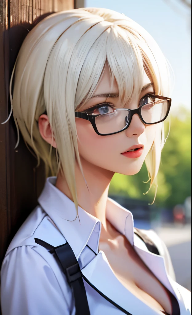 Glasses, from_On top of that, おへOn top of thatのクロップトップ, detailed face, white hair yellow vest, skin as white as snow, 1 girl, unique sunglasses, woman, bright colors, background bokeh, Target person feeling stressed, dramatic colors, raindrop, big breasts, 8k, best image quality