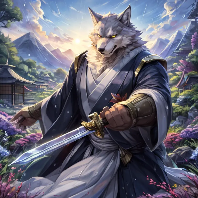 male, furry, big wolf, handsome, majestic wolf, komamura sajin, bleach, very muscular, yellow eyes, (detailed wolf eyes:1.2) thi...