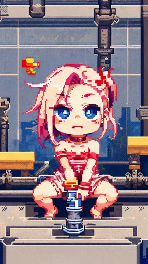 (((pixel art, chibi-style, stylized game character, fewer wrinkles, simplified contours))), (drooping eyes, realistic skin, angle from below), (((straddling the exposed pipe for masturbation))), in the factory,