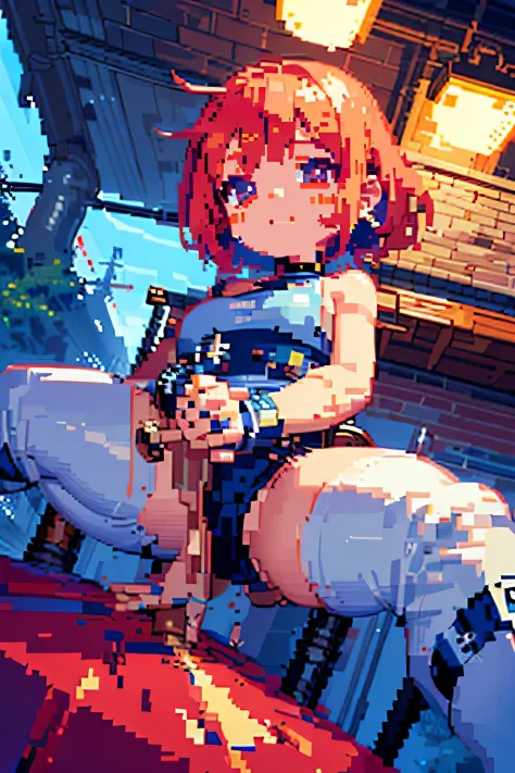 (((pixel art, chibi-style, stylized game character, fewer wrinkles, simplified contours))), (drooping eyes, realistic skin, angle from below), (((straddling the exposed pipe for enjoying masturbation))), outside of factories area, night,