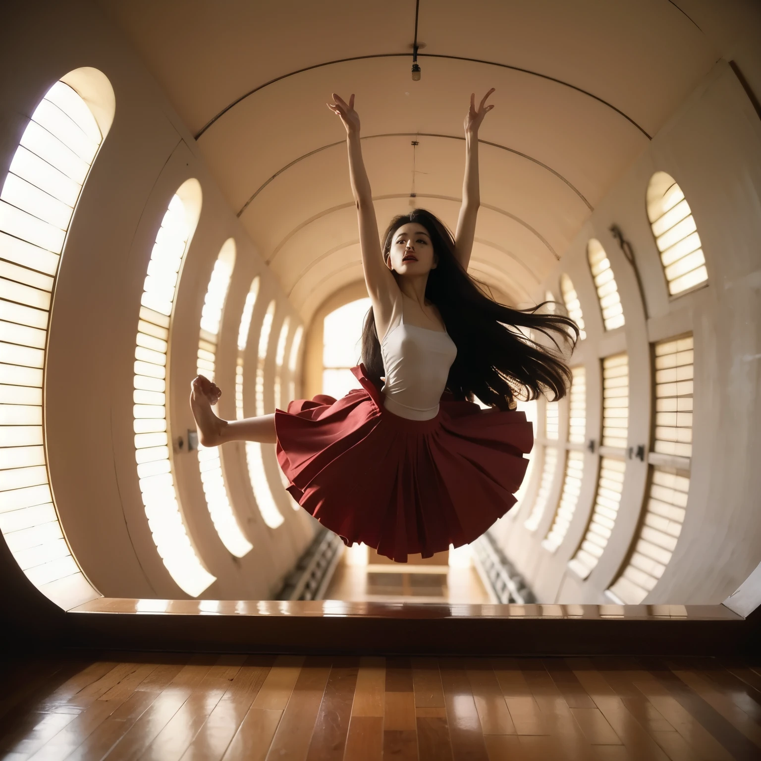 Femme Arafed flottant dans les airs à 2 mètres au-dessus du sol dans un tunnel carré coloré et étroit avec un sol rayé, murs et plafond, lévitation, lévitationg, hila petite, photo d&#39;archives du musée, du magazine Vogue, inspiré par Barbara Nessim, sean jeune, 2 0 0 0, Néri Oxman, orange, année 1 9 7 0, juxtapoz, verticale. composition complexe. poses dynamiques.