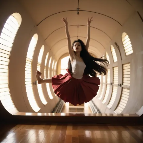 Arafed woman floating on air 2 meters above the floor in a tight colorful squared tunnel with a striped floor, walls and ceiling...