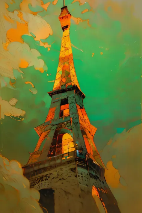 Affiche vectorielle style Van Gogh (Tour Eiffel, champ de Mars, Seine dans la ville de Paris) en terrasse le soir sur la place d...