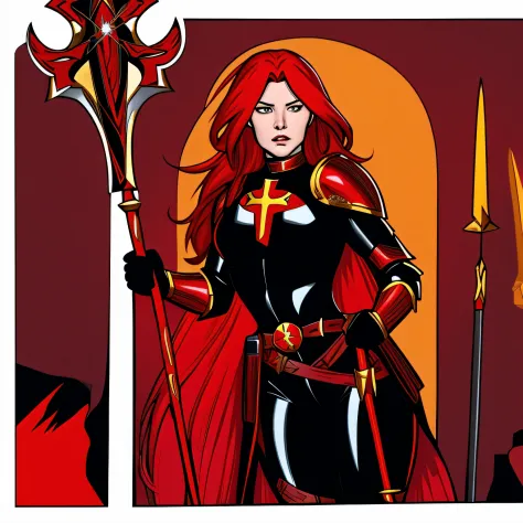 1 woman red hair, wearing holy armor, black bodysuit, best quality, 8k, comic book style, magdalena, holding spear gracefully
