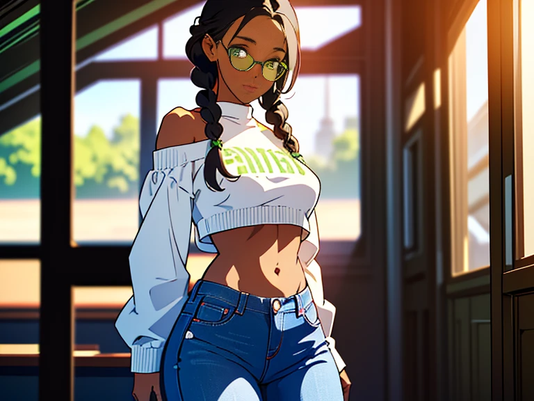 masterpiece, 4k, detailed, extreme detailed, hd, cowboy shot, (1 girl), (solo), {{dark skin}}, (glasseig eyes, 25yo, white sweater, off shoulder, sleeves, belly, medium breast, short black hair, (two braids), short two braids, (medium two braidlowers in hair), green eyes, strong build, athletic body, jeans, (high quality), (hd), (very detailed) ), curly hair, wide waist, slightly chubby