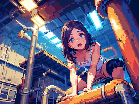 (((pixel art, stylized game character, fewer wrinkles, simplified contours))), (drooping eyes, realistic skin, angle from below), (((straddling the exposed pipe for enjoying masturbation, open mouth))), outside of factories area, night,