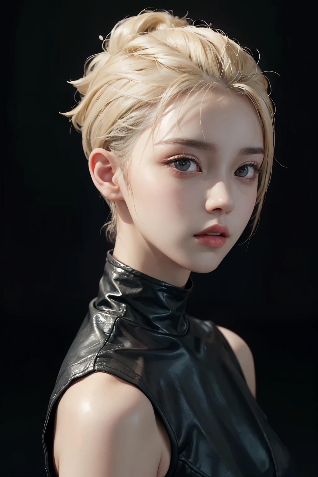 20 year old woman、blonde、(high top fade:1.3)、dark theme、black eyes、calm tone、calm colors、high contrast、(natural skin texture、hyper realism、soft light、sharp)