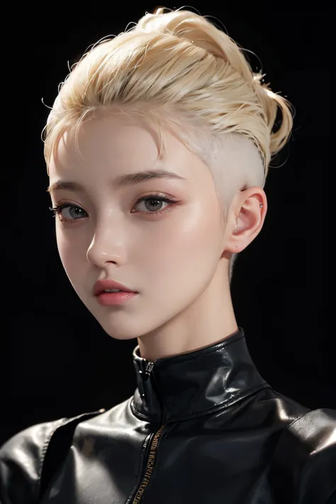 20 year old woman、blonde、(high top fade:1.3)、dark theme、black eyes、calm tone、calm colors、high contrast、(natural skin texture、hyp...