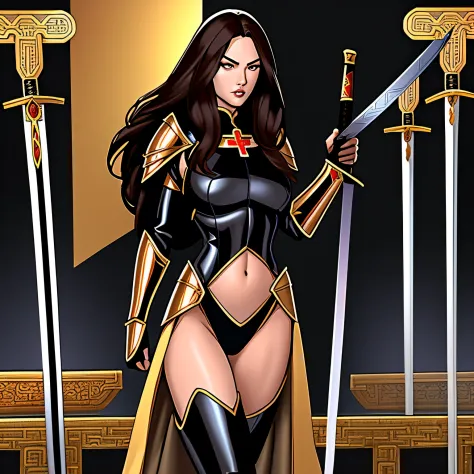 1 woman beautiful brunette hair, wearing holy sexy armor, sexy black bodysuit, bare belly, bare legs, best quality, 8k, comic book style, magdalena, holding shinning sword, on chinese museum background
