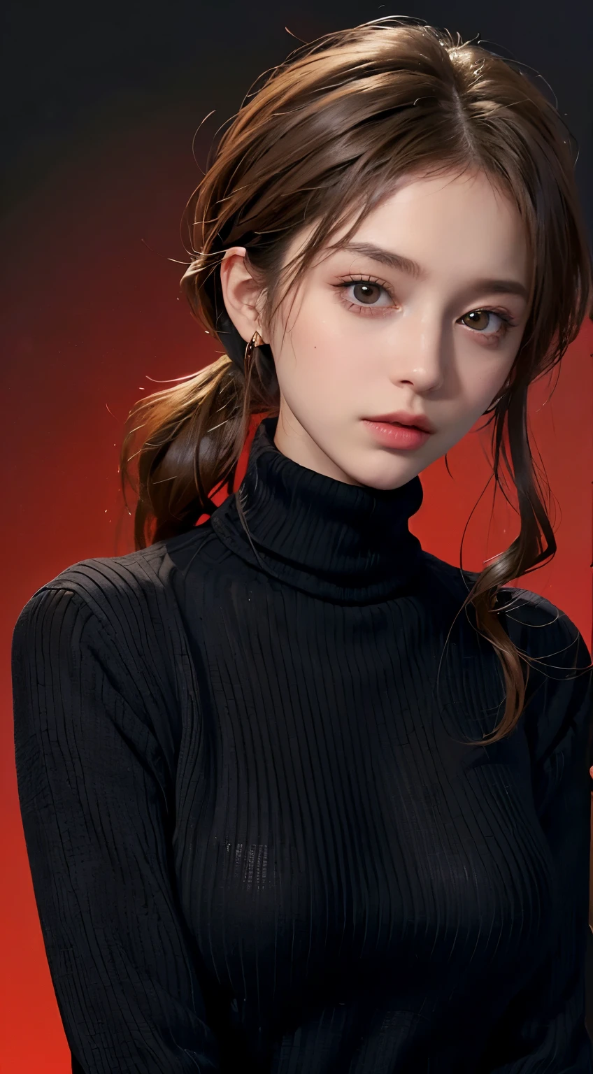 ((best quality, 8k, masterpiece: 1.3)),1girl, ((turtleneck, black sweater,  background, red background)) 