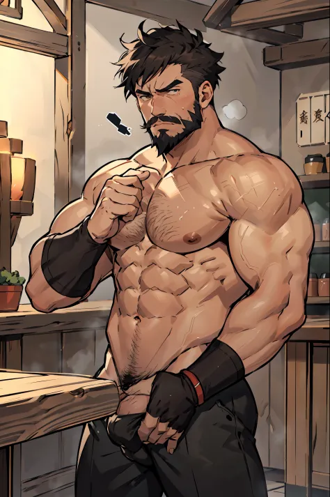 (best quality), Mature male, Wagner from Genshin Impact, short hair, dark hair, beard and moustache, inn naked, embarrassed, gay, hairy chest, cel-shading anime style, standing, covering crotch with hands,((tavern)), shy, red face, slightly annoyed, fully ...