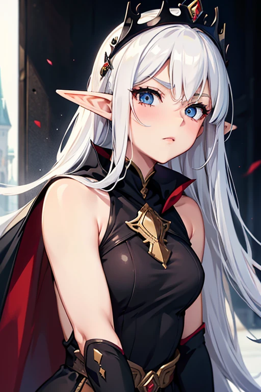 Graceful, mature elf, stern look, black dress, big butt, royal cape, crown, white hair, small breasts, beautiful girl, beatiful eyes, detailed, best quality, a character portrait by Muqi