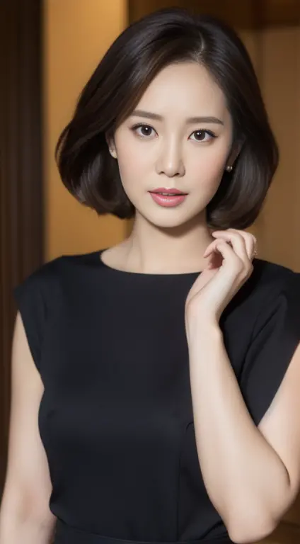 photo-realistic (1 sister stars of the korean royal family) smooth hair, white skin, simple face, 32 inch chest size, slight smi...