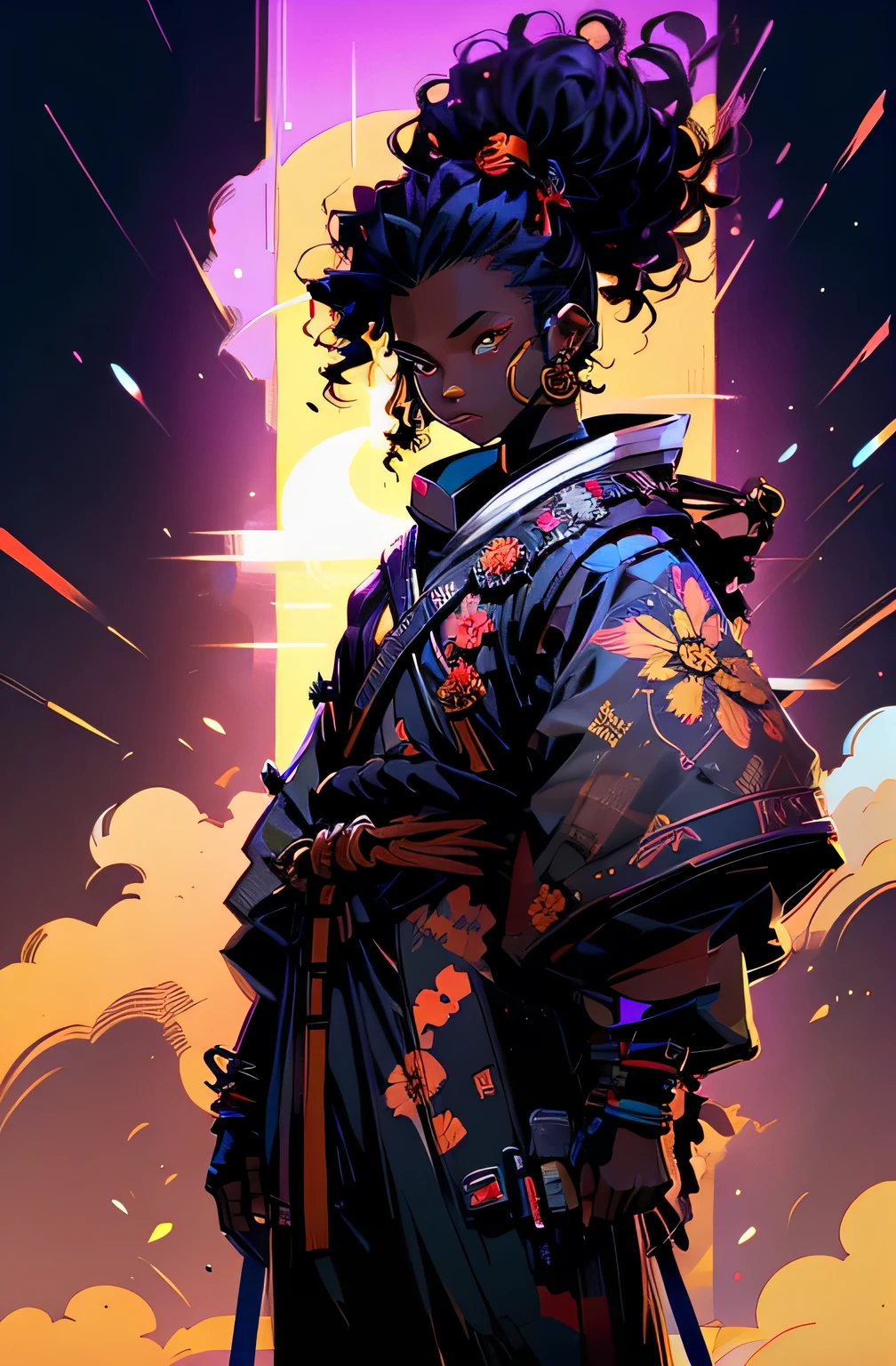 ein schwarzer Samurai-Junge mit Afro-Frisur vor einem floralen Hintergrund, Sonnenuntergang (golden sun)