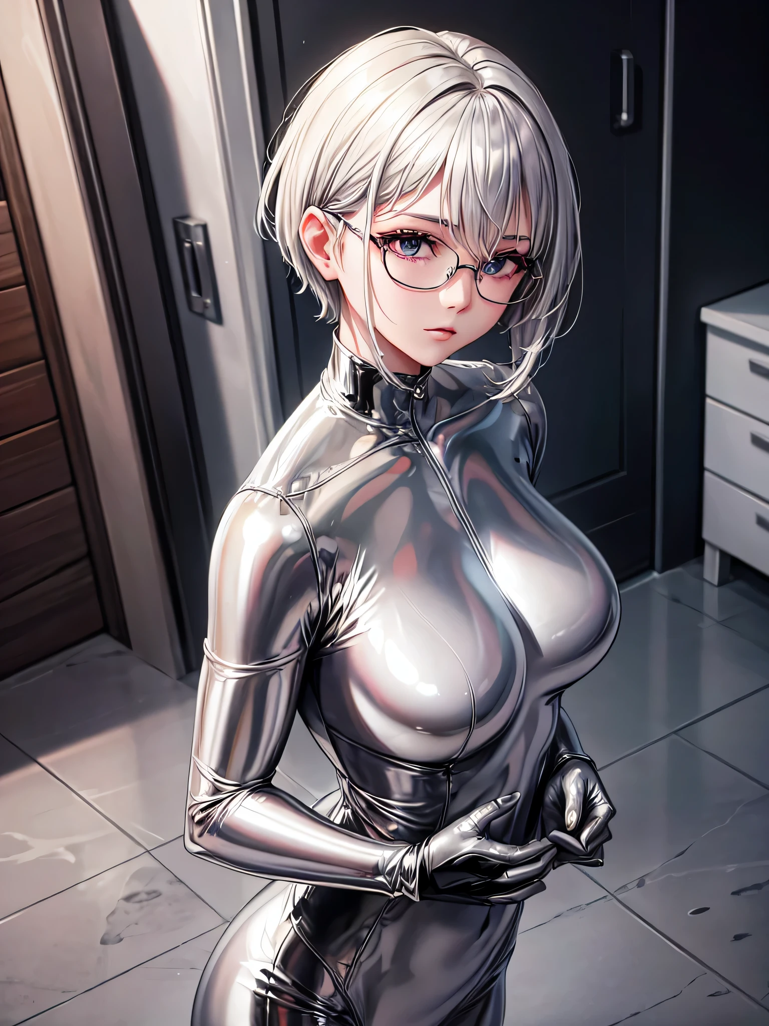 Top quality 8K UHD、Beautiful woman with short hair and silver hair wearing glasses and a silver metallic bodysuit、Shiny silver metallic bodysuit that hides your skin