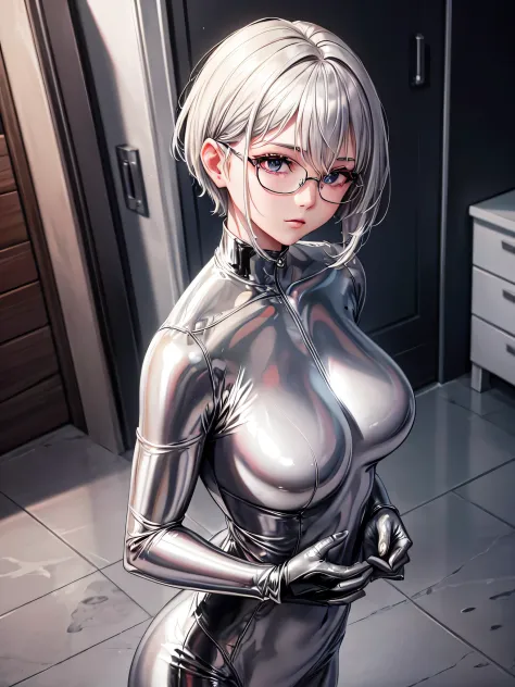 Top quality 8K UHD、Beautiful woman with short hair and silver hair wearing glasses and a silver metallic bodysuit、Shiny silver m...