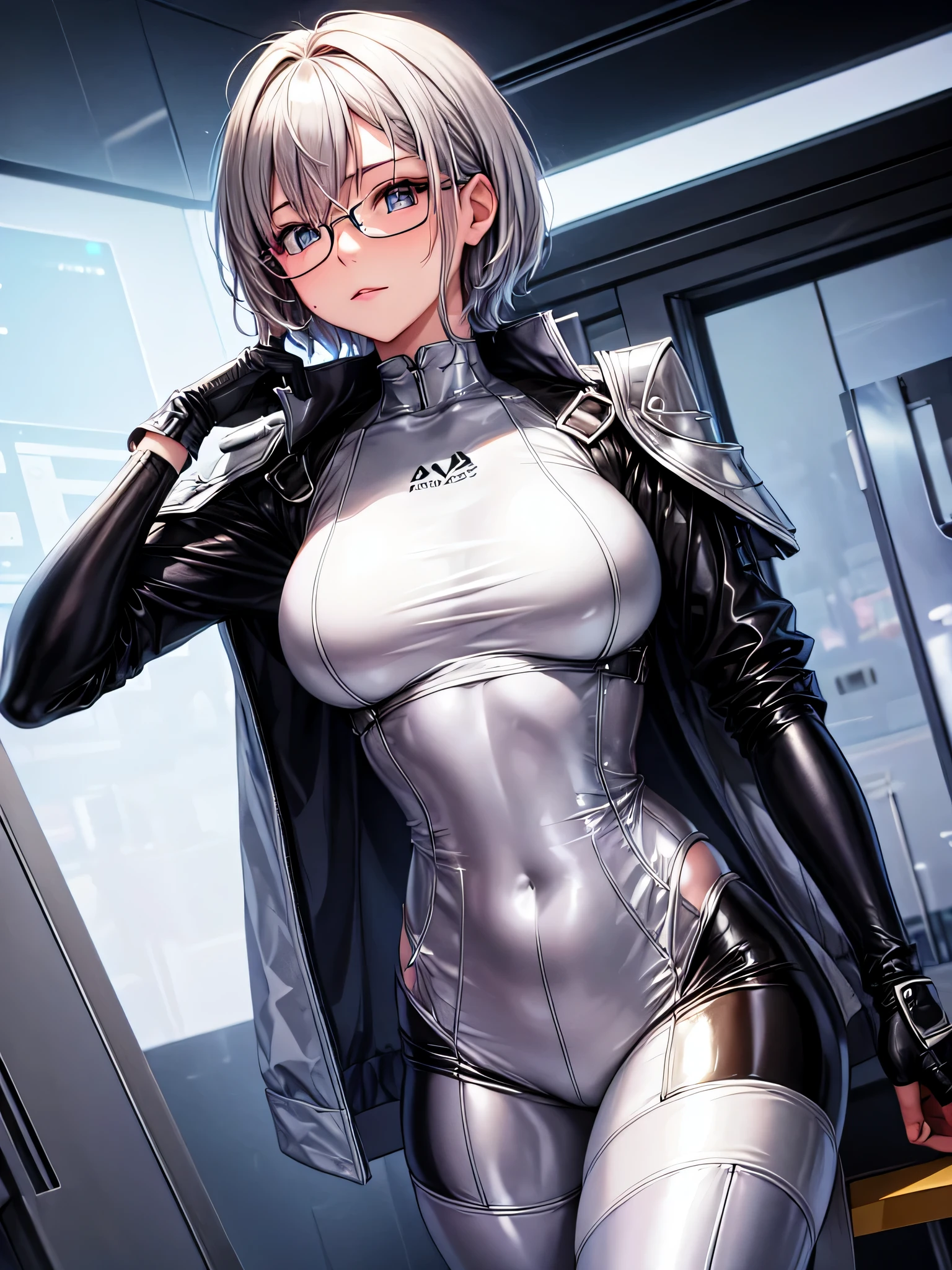 Top quality 8K UHD、Beautiful woman with short hair and silver hair wearing glasses and a silver metallic bodysuit、Shiny silver metallic bodysuit that hides your skin