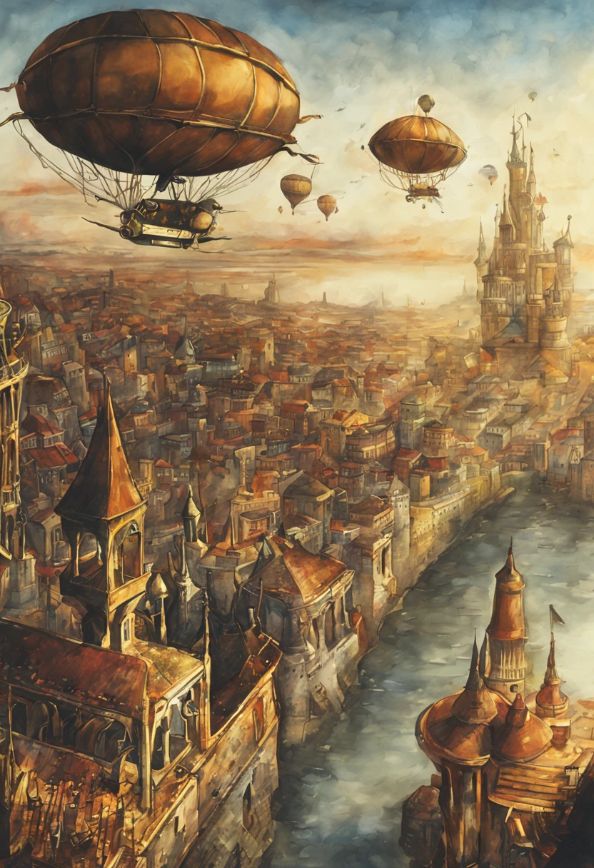 Ciudad steampunk desde lejos, bronce y oro, acuarela, detalle intrincado, magical, inusual, Beautiful but strange, Dirigibles Steampunk, Atardecer