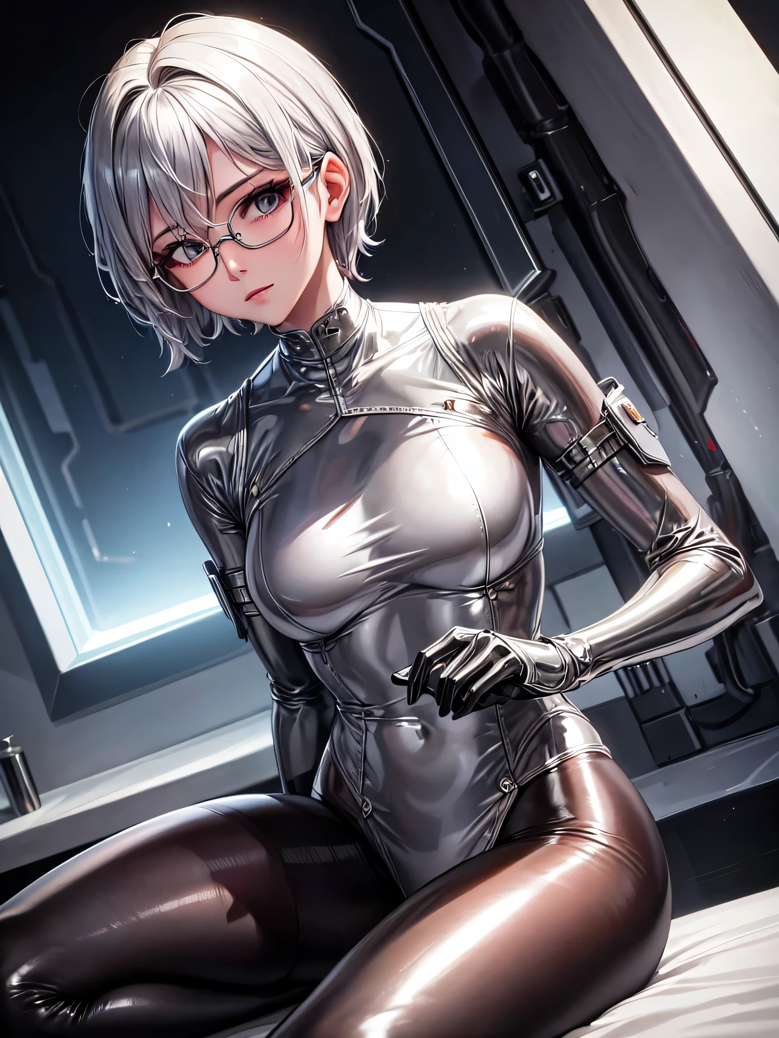 Top quality 8K UHD、Beautiful woman with short hair and silver hair wearing glasses and a silver metallic bodysuit、Beautiful woman wearing shiny silver tights and glasses