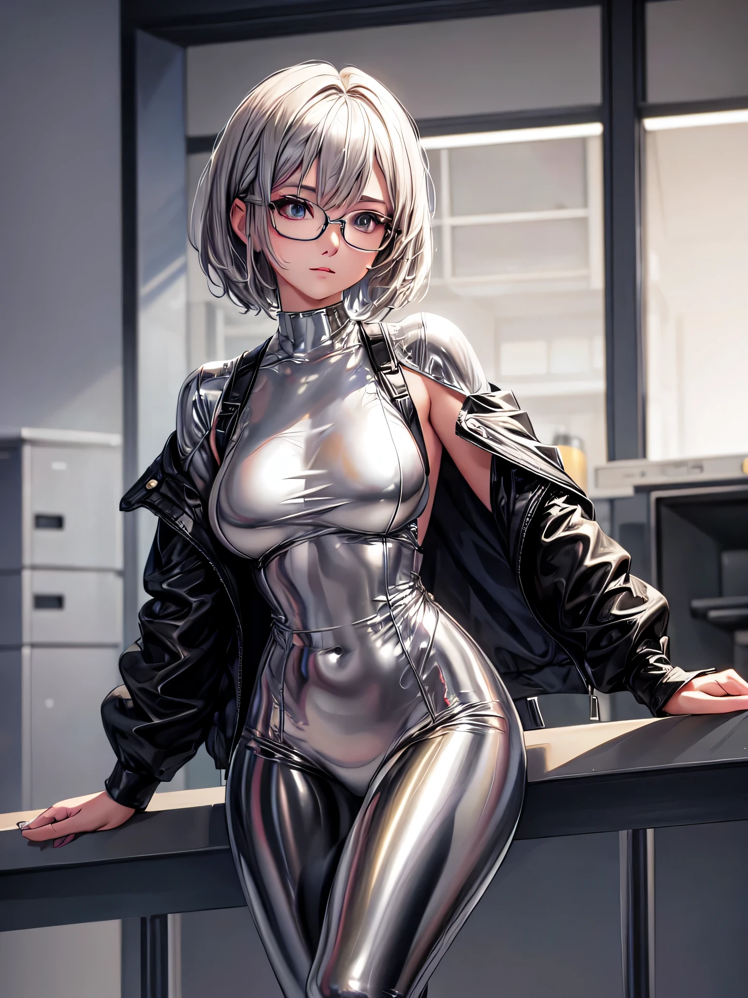Top quality 8K UHD、Beautiful woman with short hair and silver hair wearing glasses and a silver metallic bodysuit、Beautiful woman wearing shiny silver tights and glasses