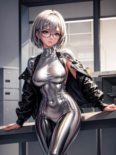 Top quality 8K UHD、Beautiful woman with short hair and silver hair wearing glasses and a silver metallic bodysuit、Beautiful woma...