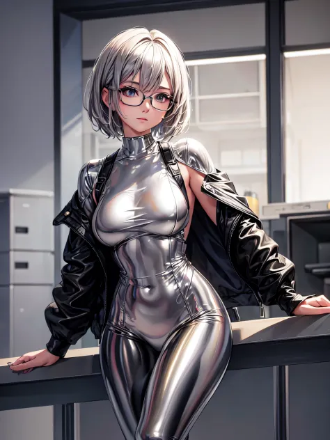 top quality 8k uhd、beautiful woman with short hair and silver hair wearing glasses and a silver metallic bodysuit、beautiful woma...