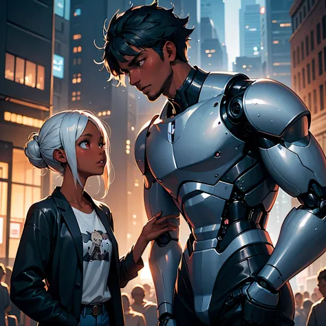 ((pretty black woman human anime character)) and a robot boyfriend, clearly detailed features, the humanoid robot has on a rumpl...