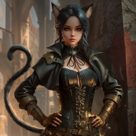 a close up of a woman in a corset with a cat tail, unreal engine character art, beautiful young catgirl, portrait of a steampunk catgirl, attractive cat girl, artgerm ; 3d unreal engine, unreal engine fantasy art, stunning character art, hyperdetailed fant...